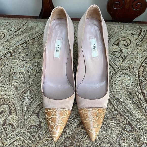 Prada Satin Blush Pink Snake Skin Toe Raso Heels Cocco Cammeo Cipria Size 7 COA - Picture 4 of 15